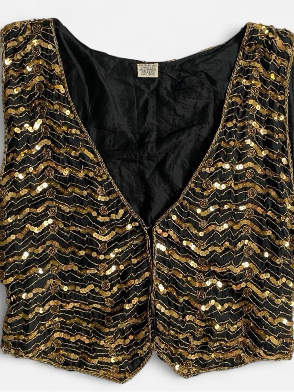Vintage Black & Gold Beaded Sequin Silk Vest